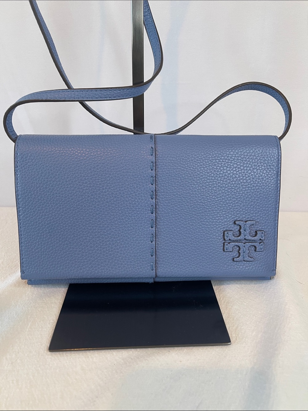 Tory Burch McGraw Blue Pebbled Leather Wallet Crossbody WOC